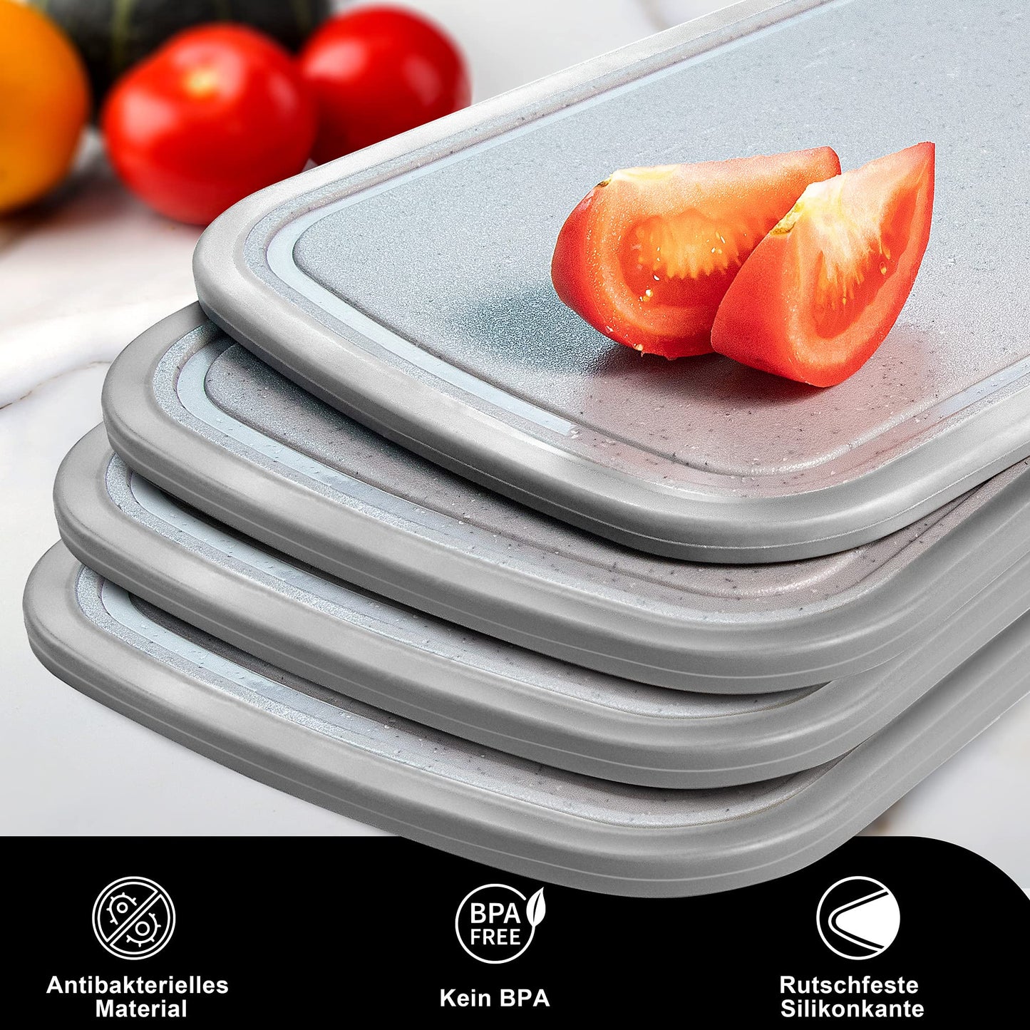 DIFULI Schneidebrett Set 3-teilig Granitoptik, 100% Rutschfeste Aufkleber und Saftkanal, BPA-Free, mit Griff Schneidebretter Kunststoff Antibakteriell, Küchenzubehör, Küchen Gadgets, Küchenhelfer