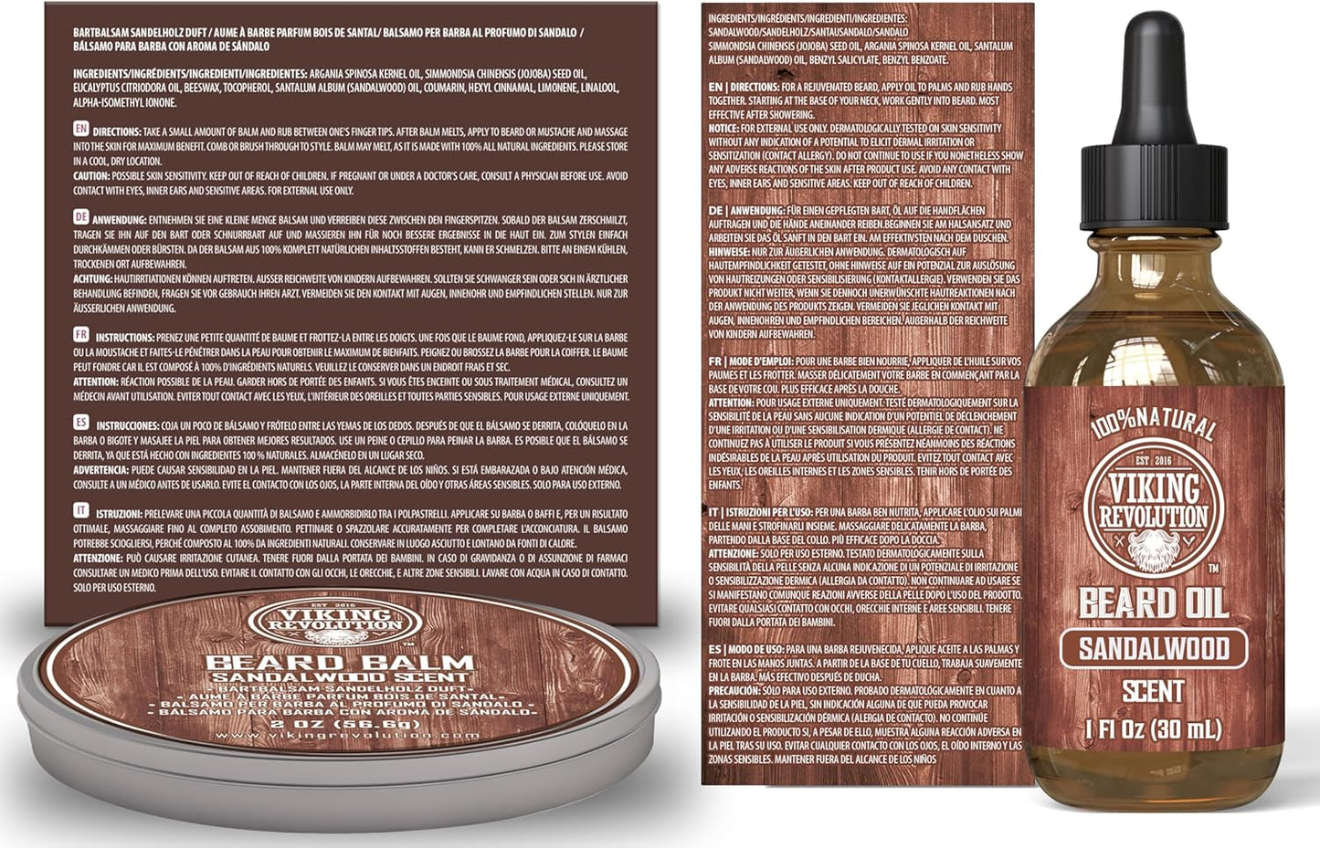Viking Revolution Bartpflegeset für Männer - Ultimatives mit 100% Wildschweinborsten Bartbürste, Bartkamm aus Holz, Bart Balsam, Bartöl, Schnurrbart- & Bartschere - Geschenke Für Männer - Sandelholz
