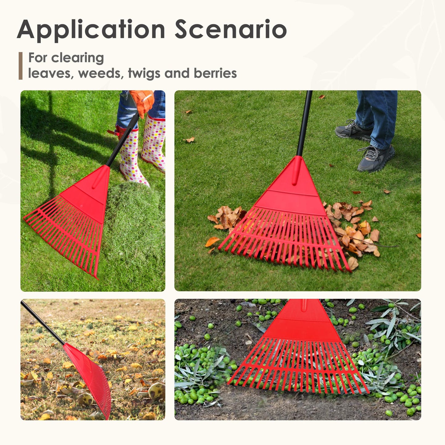 ORIENTOOLS Garten Laubrechen, Garten Rechen für Rasen Laub mit verstellbarem Griff 107 bis 156 cm Rechen, 22 Starke Zinken Kunststoff Kopf Strauch Rechen, Landschaftsbesen für Rasen und Blätter
