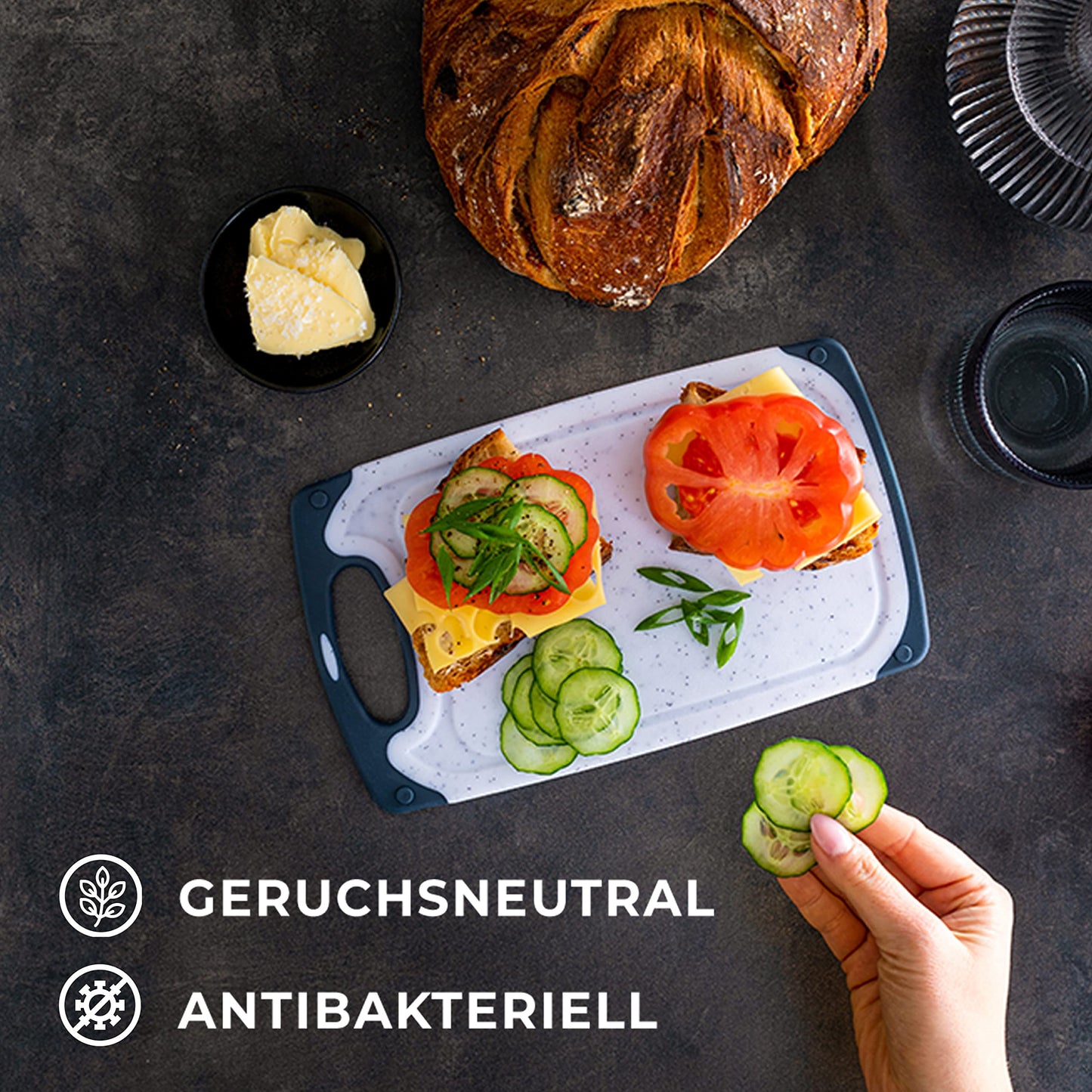 Exitoso 3-Piece Innovative Chopping Board Set | Non-Slip with Juice Groove and Handle | Dishwasher Safe | Antibacterial | Grey/Black Plastic