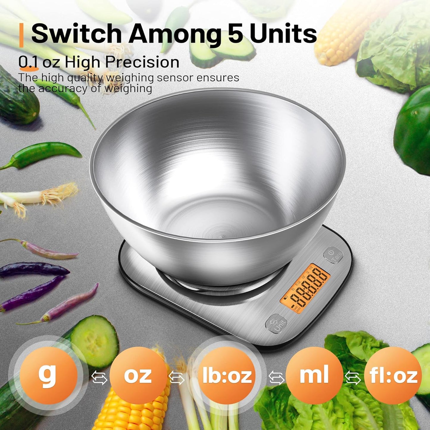GRAM PRES Lebensmittel Küchenwaage Digital Gewicht Gramm und Oz mit IPX6 Waterproo,Professionelle Edelstahl Digital Küche Lebensmittelwaage 11lb/0.01oz mit Schüssel für Diät Backen Kochen