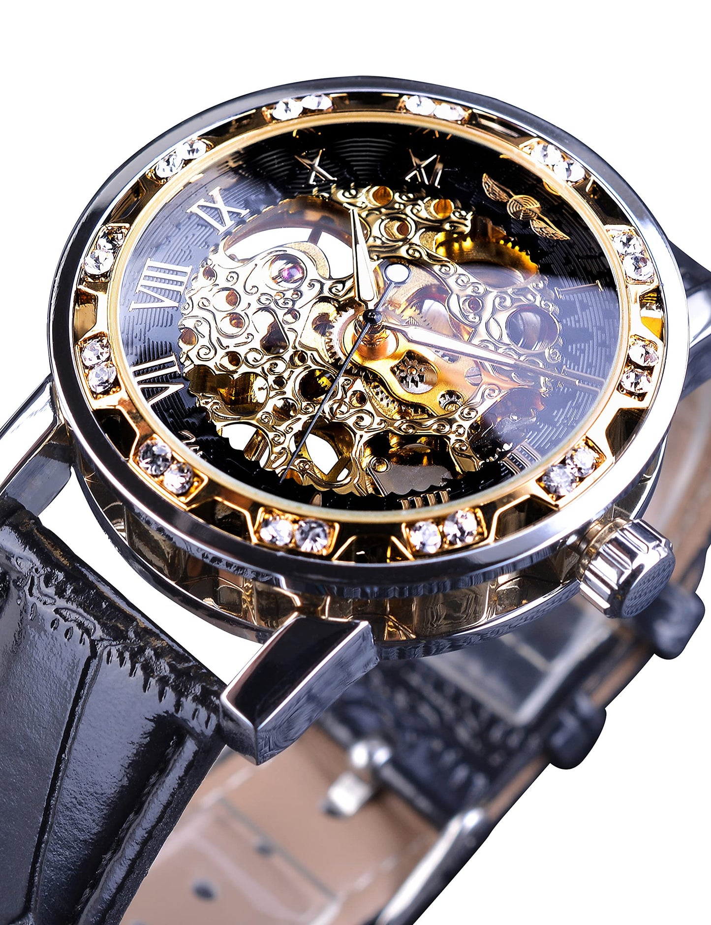 FORSINING Gewinner Retro Manuelle mechanische Skelett Uhr mit Diamantschnitzen Blume Handwerk Männer Armbanduhr Klassische römische Zahl, Schwarze Goldfarbe