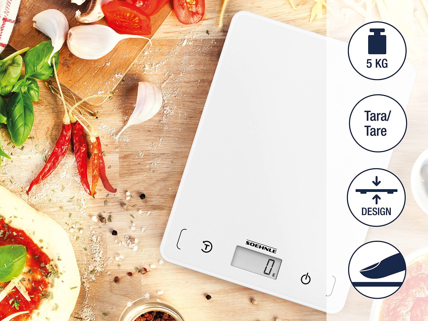 Soehnle Küchenwaage Page Compact 300 weiß, digitale Küchenwaage bis zu 5 kg Tragkraft, Waage mit leicht ablesbarer LCD-Anzeige, Digitalwaage mit Zuwiegefunktion