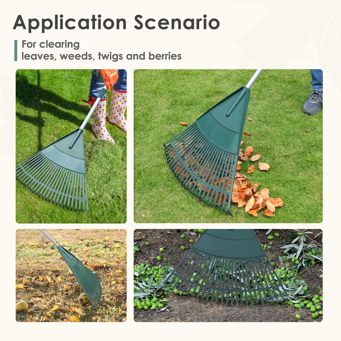 ORIENTOOLS Garten Laubrechen, Garten Rechen für Rasen Laub mit verstellbarem Griff 107 bis 156 cm Rechen, 22 Starke Zinken Kunststoff Kopf Strauch Rechen, Landschaftsbesen für Rasen und Blätter