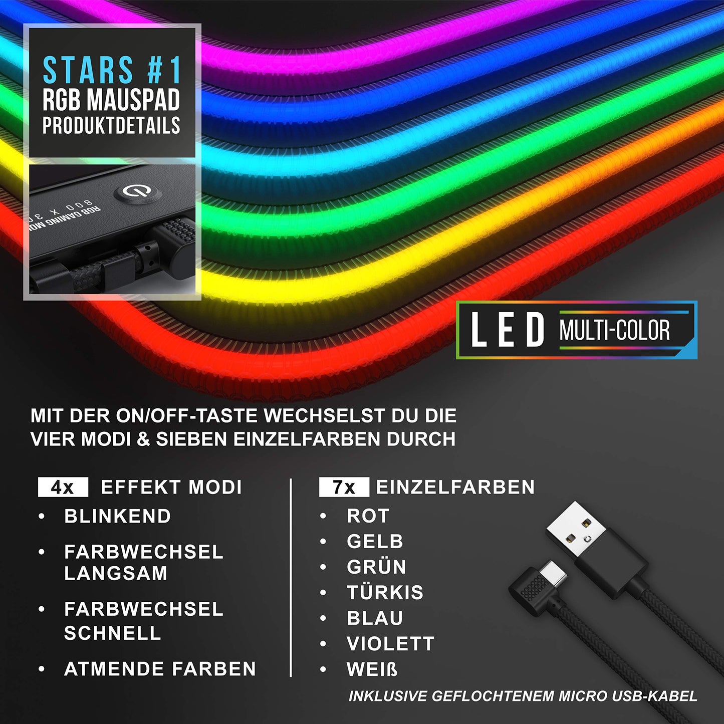 TITANWOLF - RGB Gaming Mauspad - LED Schreibtischunterlage - 800x300 mm - XXL Mousepad - LED Multi Color - 11 Beleuchtungs-Modi - 7 LED Farben Plus 4 Effektmodi - abwaschbar - Stars