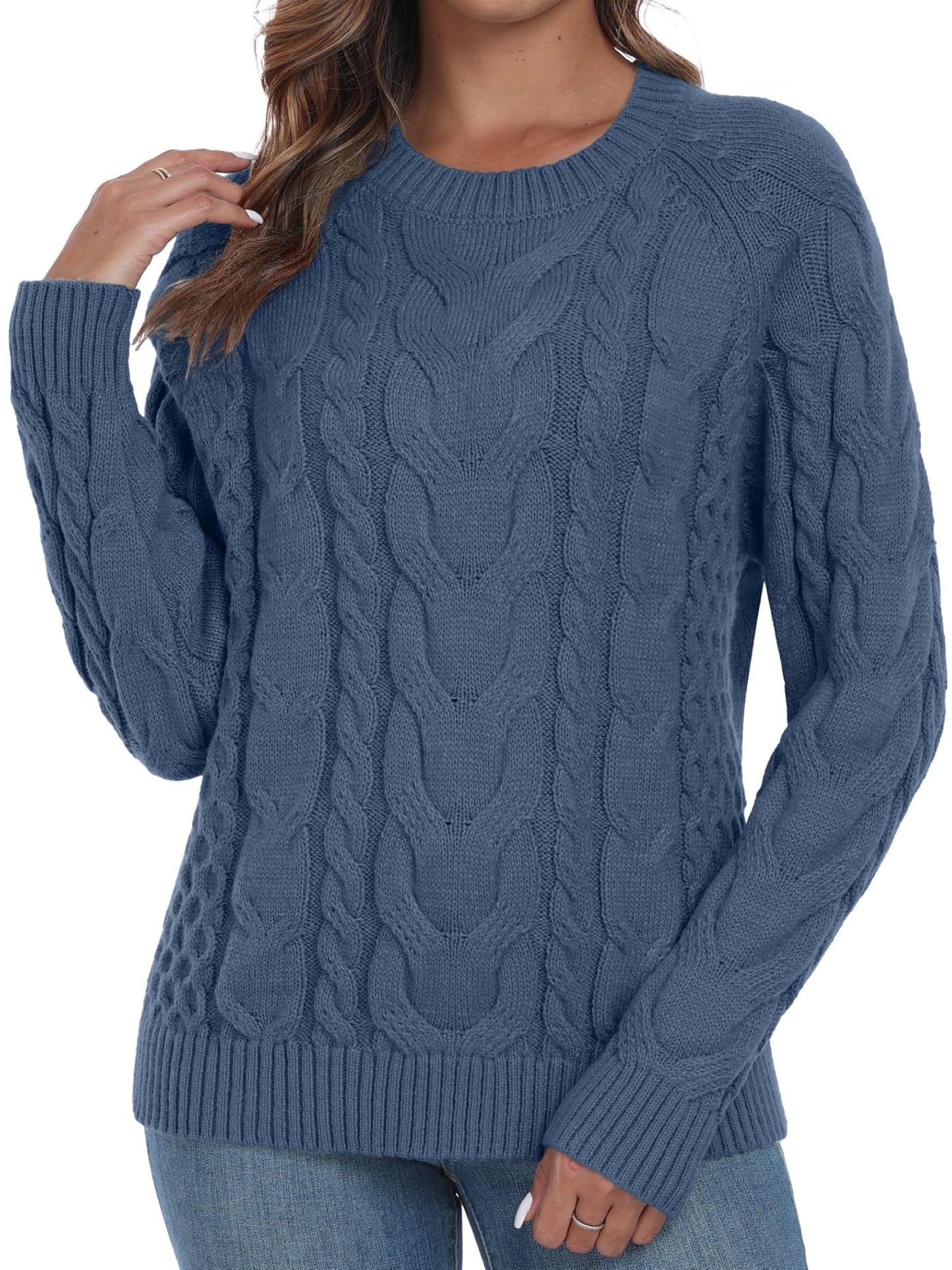 QIXING Women's Cable Knit Sweater – Elegant Long Sleeve Round Neck Winter Pullover