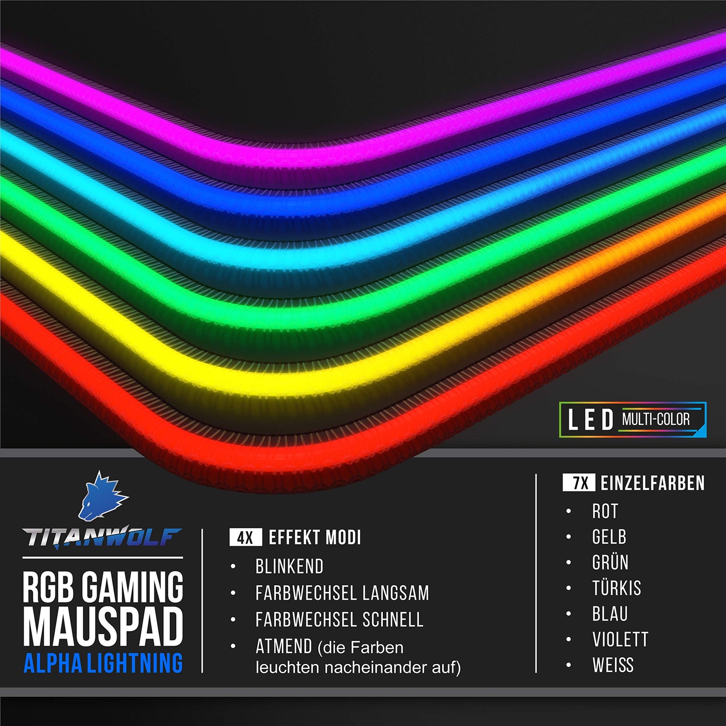 TITANWOLF - RGB Gaming Mouse Pad - LED Desk Pad - 800x300 mm - XXL Mouse Pad - LED Multi Color - 11 Lighting Modes - 7 LED Colors Plus 4 Effect Modes - Washable - Stars