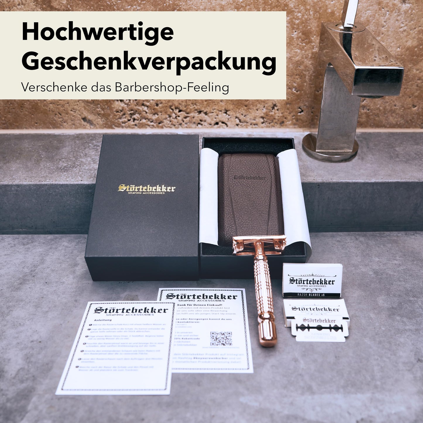 Störtebekker® Premium Rasierhobel ‘Hamburg’ im handgefertigten Leder-Etui - *TESTSIEGER* Stiftung Warentest (12/2024) - Rasier-Set mit 10 Rasierklingen, Reise-Etui & eingebautem Spiegel - Nassrasierer