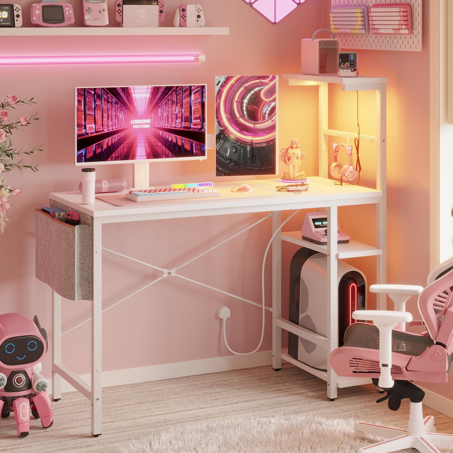 Bestier 113CM Eck-Computertisch mit Steckdosen Computertisch mit LED-Leuchten Umkehrbarer Schreibtisch mit Seitentasche Aufbewahrungstasche & Zubehöraufhänger für Home Office Small Space Weiß