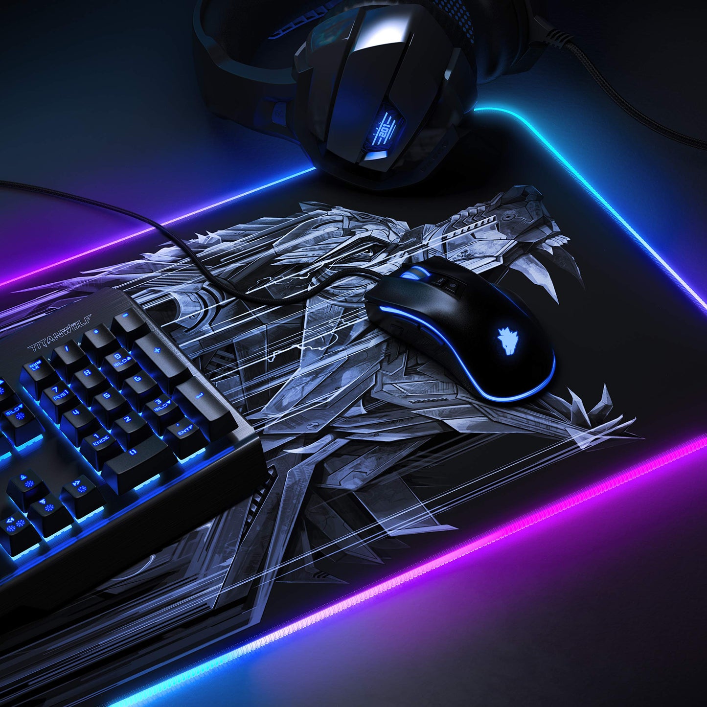 TITANWOLF - RGB Gaming Mouse Pad - LED Desk Pad - 800x300 mm - XXL Mouse Pad - LED Multi Color - 11 Lighting Modes - 7 LED Colors Plus 4 Effect Modes - Washable - Stars