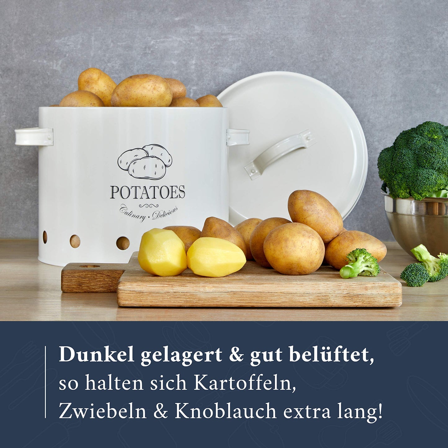 HIKITCHEN® Vorratsbehälter-Set für länger frisches Gemüse (schwarz) - Stilvolle Kartoffel-, Knoblauch- und Zwiebel-box/topf - Gemüsebehälter