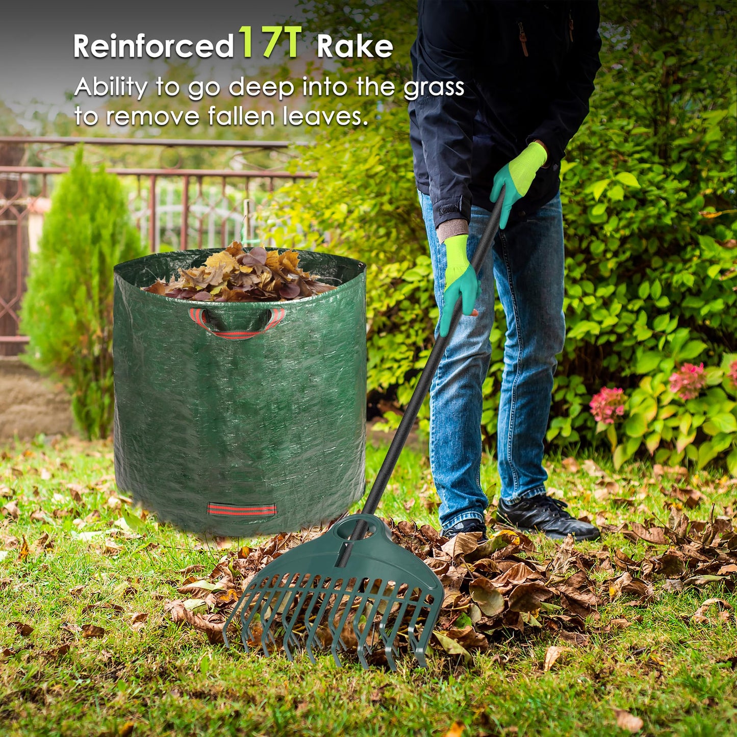 ORIENTOOLS Garten Laubrechen, Garten Rechen für Rasen Laub mit verstellbarem Griff 107 bis 156 cm Rechen, 22 Starke Zinken Kunststoff Kopf Strauch Rechen, Landschaftsbesen für Rasen und Blätter