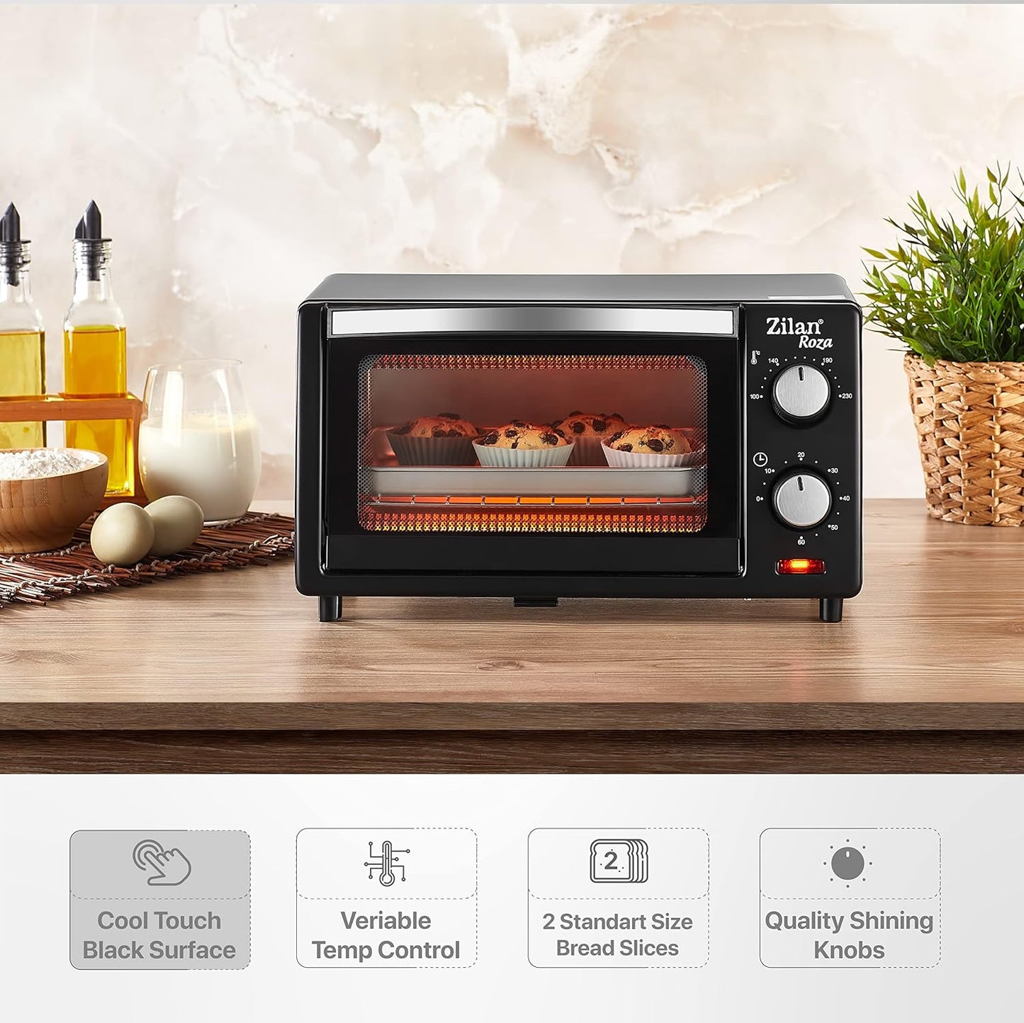 Zilan Elektro-Backofen, 9 l, Doppel-Sicherheitsglas, Timer, 2-teilig, Quarzwiderstand, Krümelplatte, 1 quadratische Platte, verchromtes Grill, 800 W
