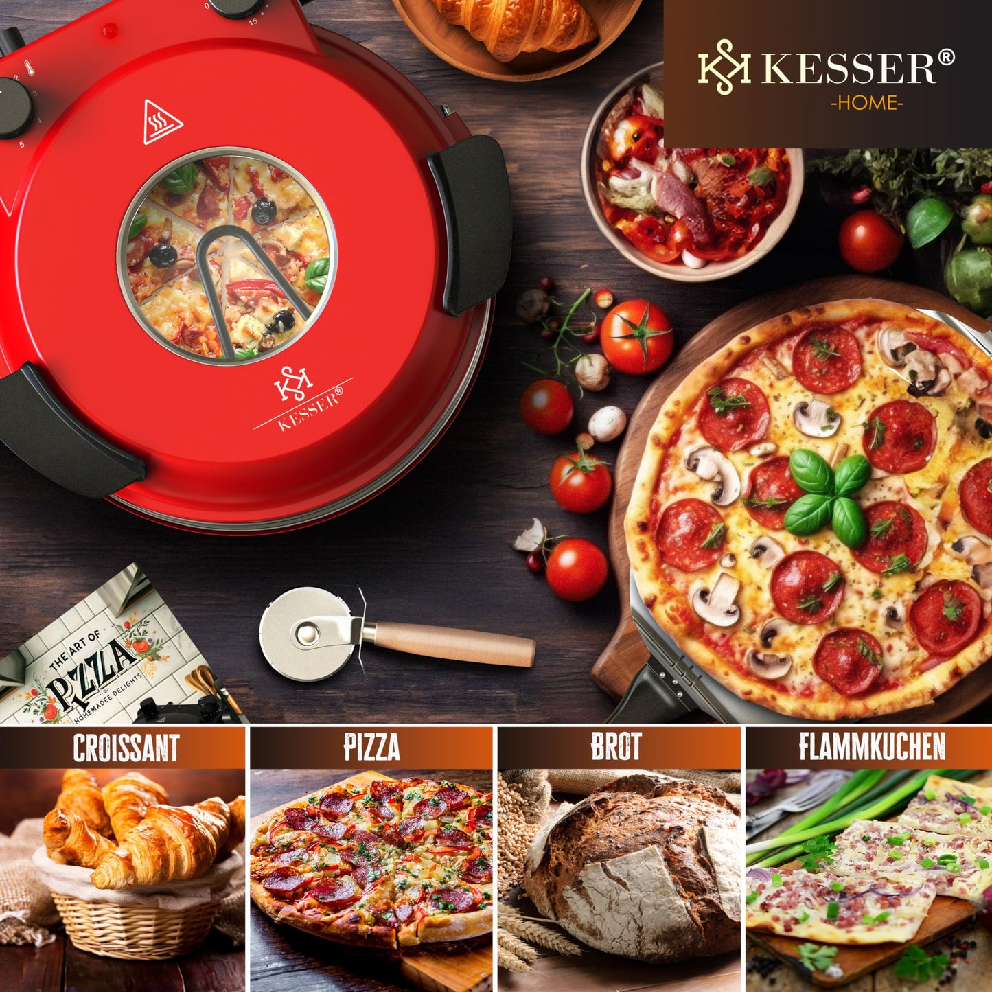 KESSER® Pizza-Ofen elektrisch bis 400 Grad | Elektrischer Pizzabäcker 1200W mit feuerfester Steinplatte & Timer Durchmesser 32cm | 5 Heizstufen & Sichtfenster | inkl. Pizzaschneider & Rezeptbuch