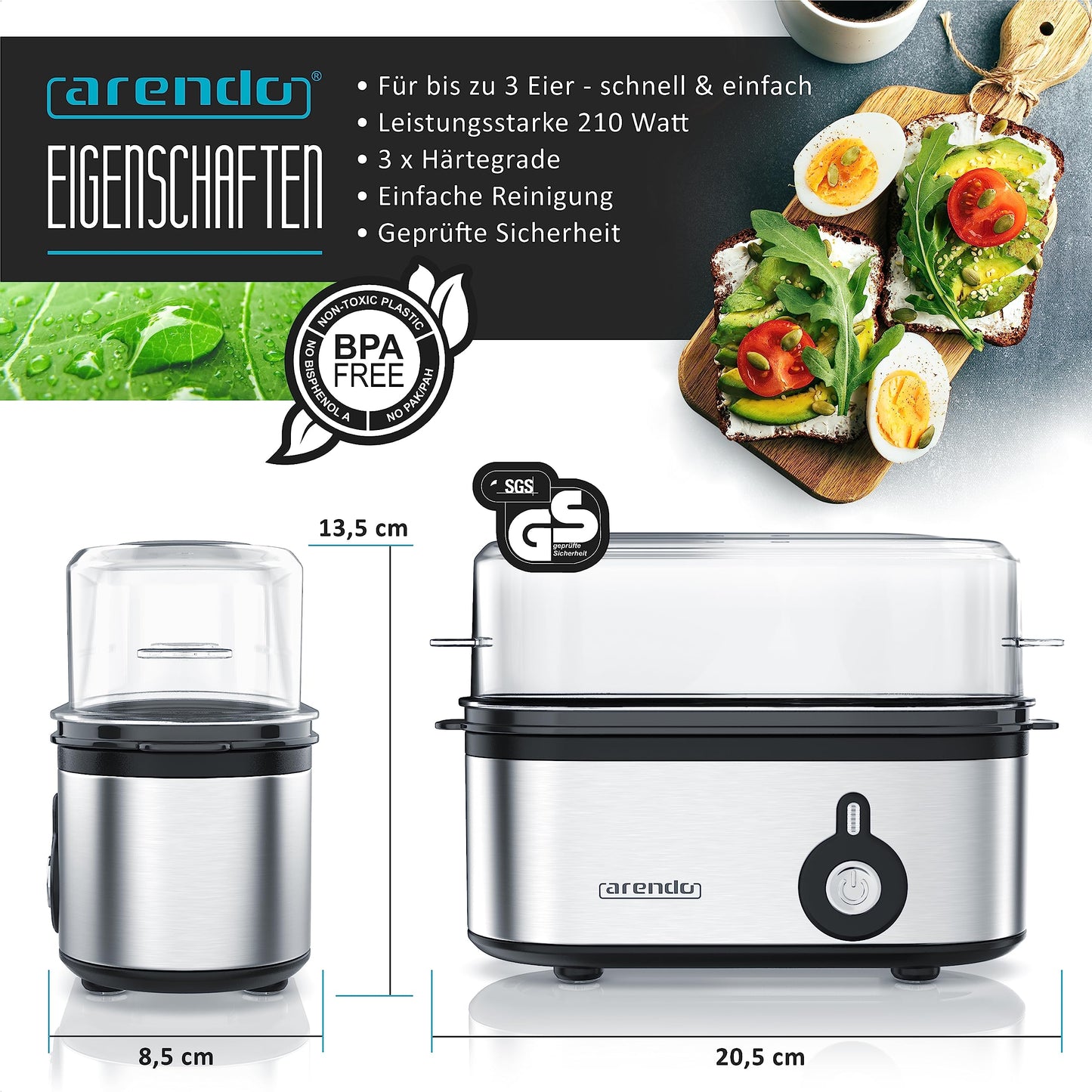 Arendo - Edelstahl Eierkocher Threecook - Egg Cooker - EIN AUS-Schalter - Wählbarer Härtegrad - 210 W - 1-3 Eier - GS - BPA-frei