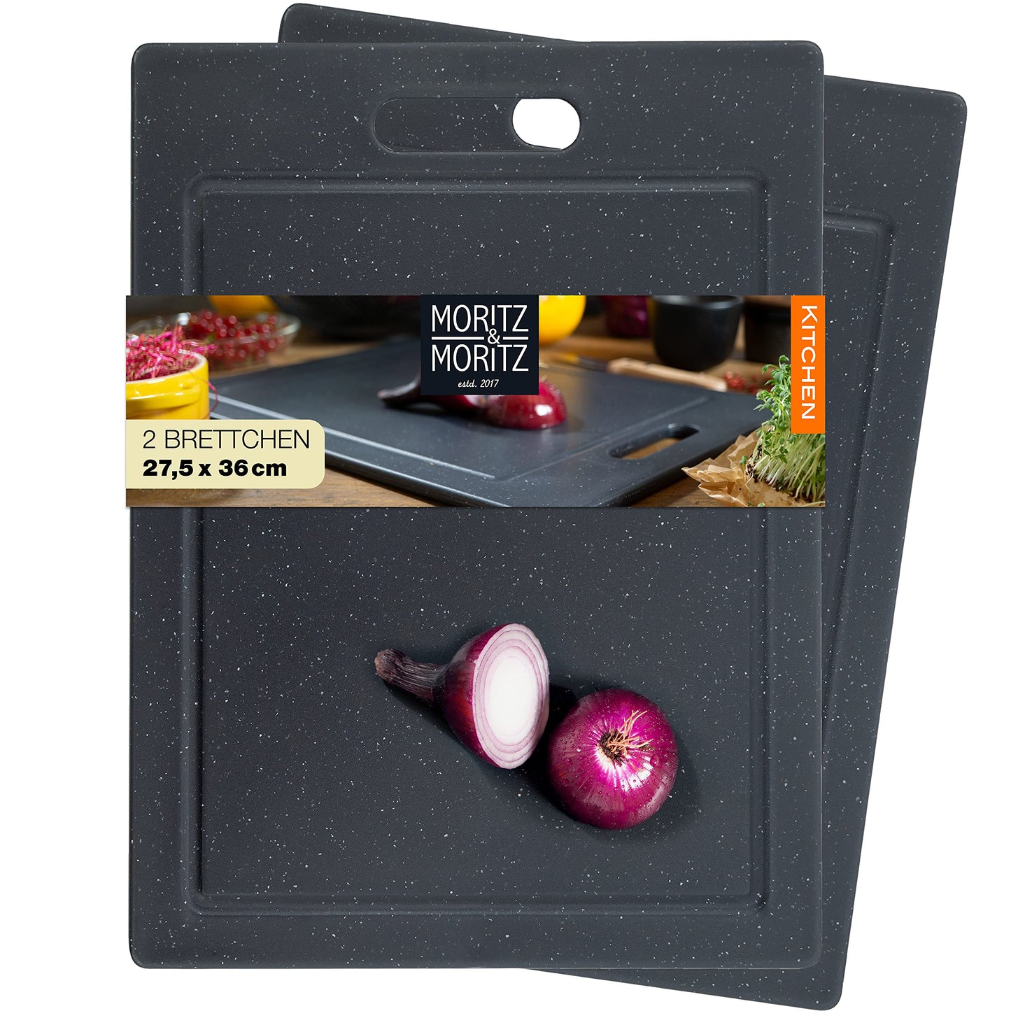 Moritz & Moritz 2x Schneidebrett Kunststoff Set in Granit Optik - 25 x 15 cm - Schneidebretter BPA frei - Frühstücksbrettchen - Schneidebrett Set hygienisch und spülmaschinenfest