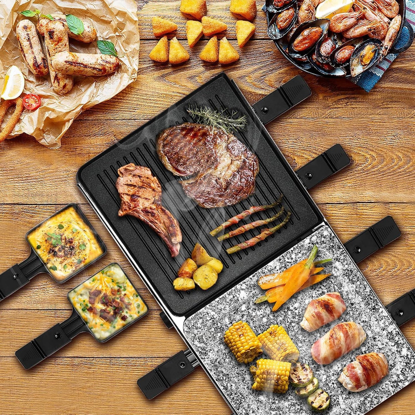 Raclette Grill mit Naturgrillstein und Grill-Platte 2-in-1 Raclette Grill,8 Personen Grillplatte Tischgrill Elektrisch Elektrogrill Heißer Stein 1400 Watt mit 8 Pfännchen