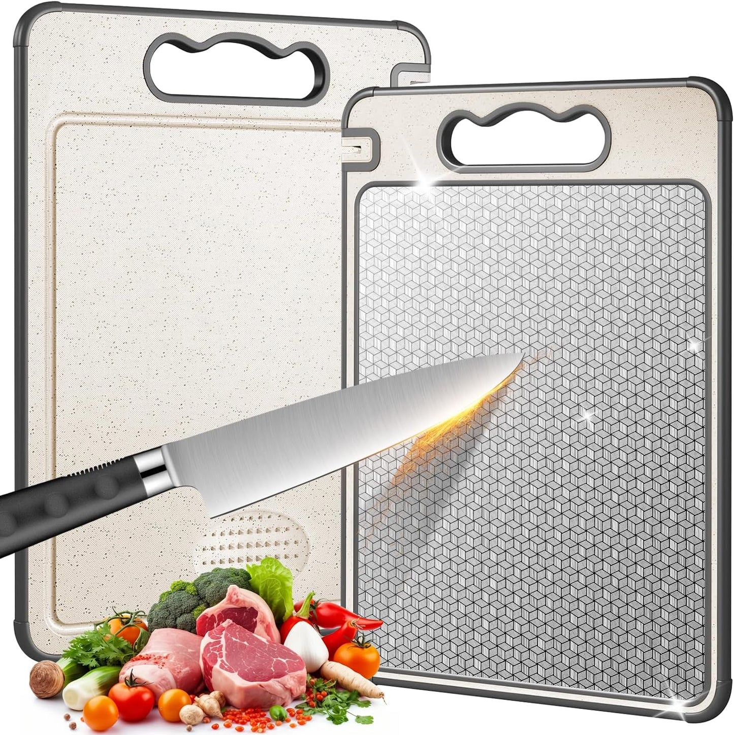 Doppelseitiges Schneidebrett, Lebensmittelechter 304 Edelstahl und Stroh PP, Robust, Kratzfestes Netzdesign für die Getrennte Handhabung von Fleisch und Gemüse, Spülmaschinenfest (36,5 x 25cm)