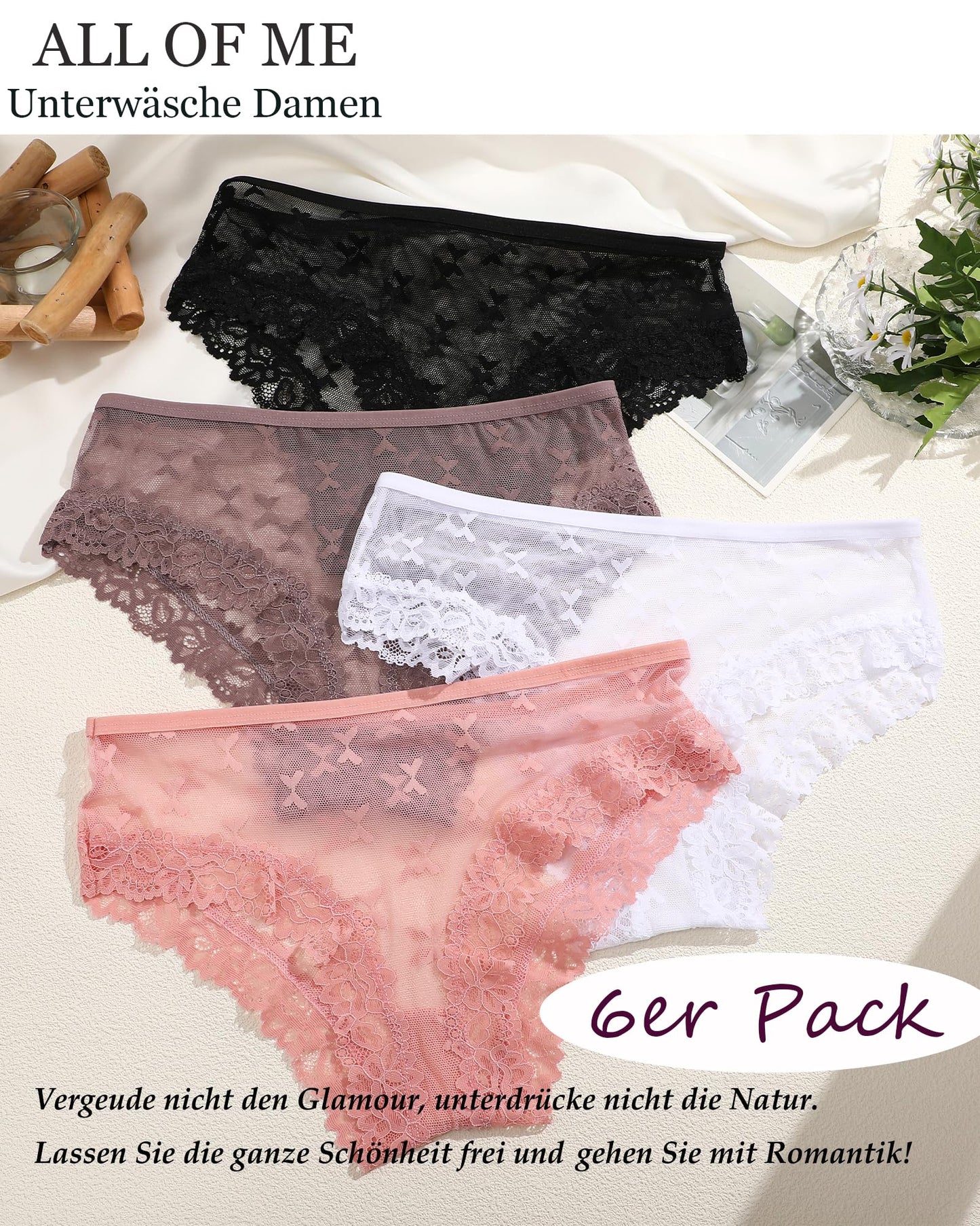 Women's Lace Brazilian Briefs Pack of 6 Seamless Sexy Hipster Underwear (S–XL)