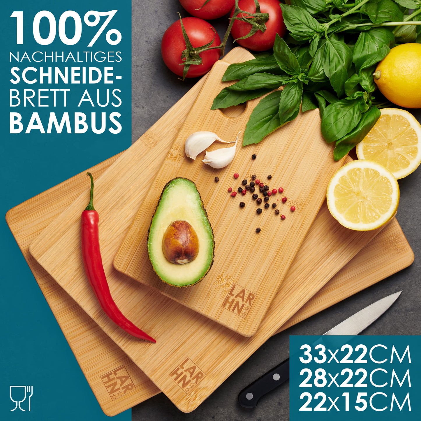 Schneidebrett Holz (3er Set) - 3 Extra Dicke Bambus-Schneidebretter - 33 x 22 cm / 28 x 22 cm / 22 x 15 cm - Die Perfekte Holzbrett Küche, Brotbretter und Servierbretter - von LARHN