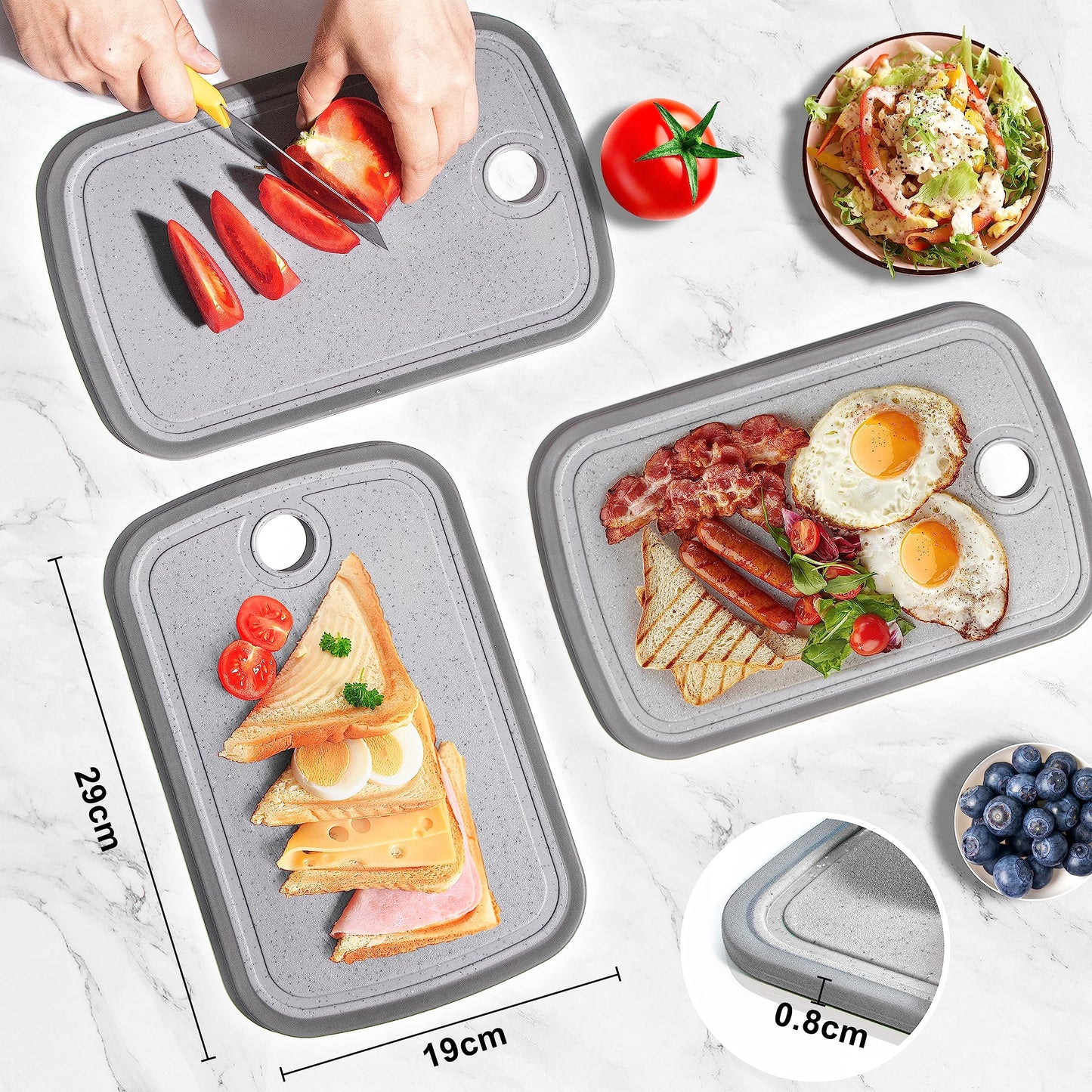 DIFULI Schneidebrett Set 3-teilig Granitoptik, 100% Rutschfeste Aufkleber und Saftkanal, BPA-Free, mit Griff Schneidebretter Kunststoff Antibakteriell, Küchenzubehör, Küchen Gadgets, Küchenhelfer