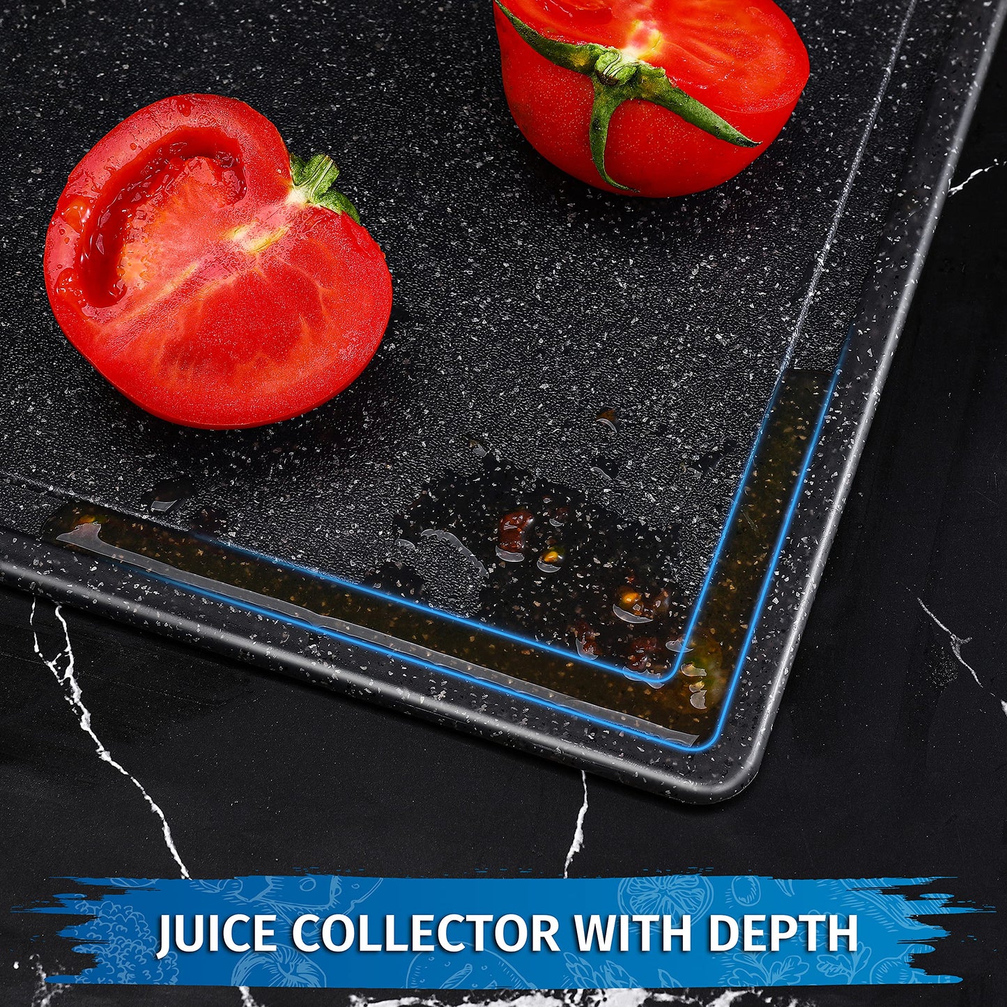 DIFULI Schneidebrett Set 3-teilig Granitoptik, 100% Rutschfeste Aufkleber und Saftkanal, BPA-Free, mit Griff Schneidebretter Kunststoff Antibakteriell, Küchenzubehör, Küchen Gadgets, Küchenhelfer
