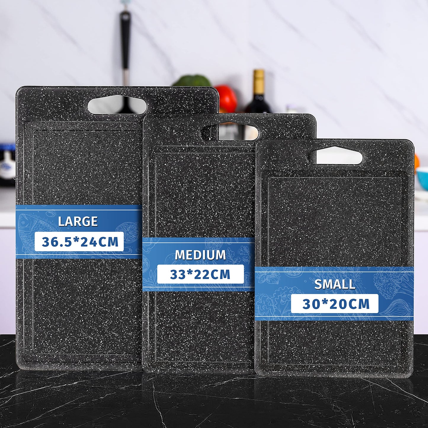 DIFULI Schneidebrett Set 3-teilig Granitoptik, 100% Rutschfeste Aufkleber und Saftkanal, BPA-Free, mit Griff Schneidebretter Kunststoff Antibakteriell, Küchenzubehör, Küchen Gadgets, Küchenhelfer