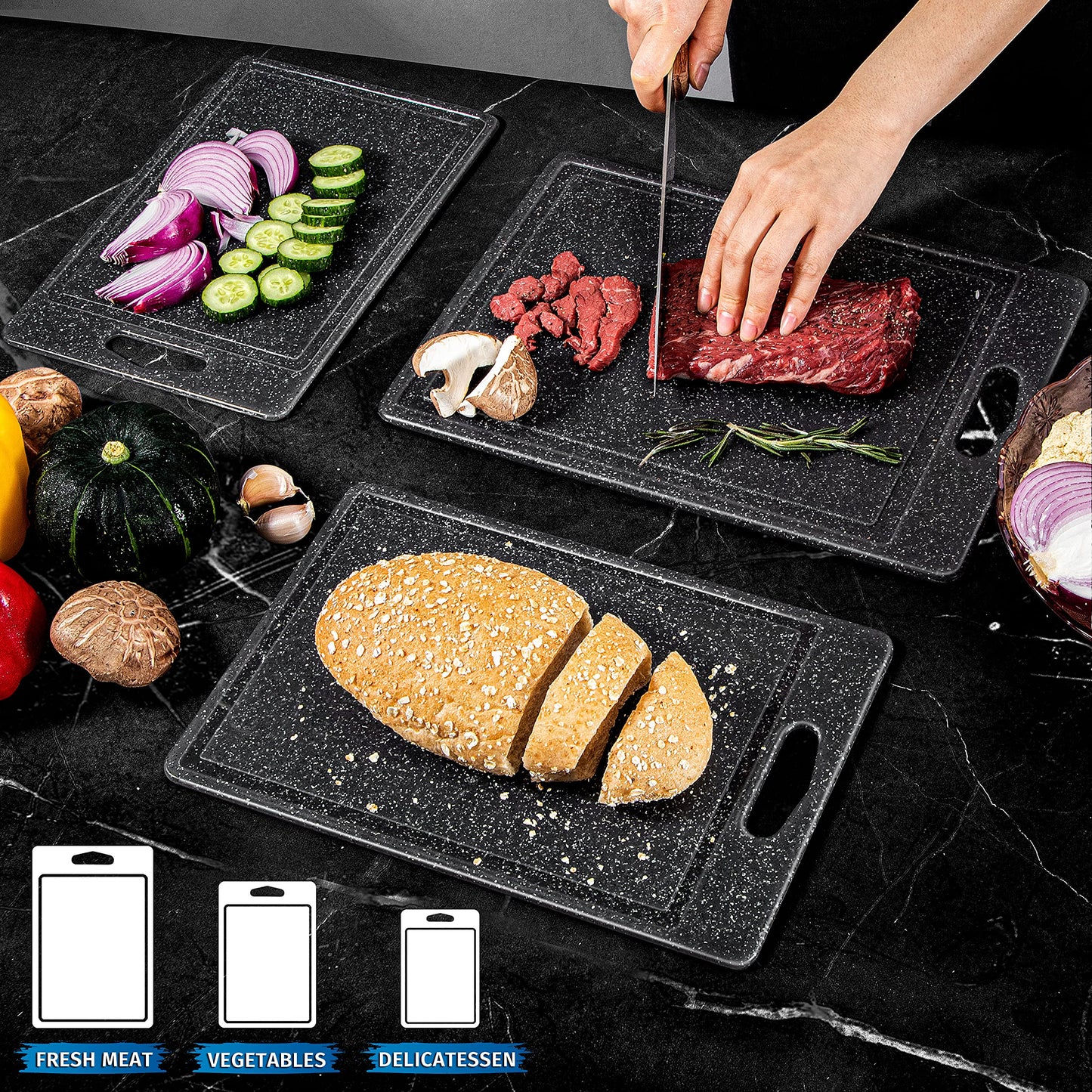 DIFULI Schneidebrett Set 3-teilig Granitoptik, 100% Rutschfeste Aufkleber und Saftkanal, BPA-Free, mit Griff Schneidebretter Kunststoff Antibakteriell, Küchenzubehör, Küchen Gadgets, Küchenhelfer