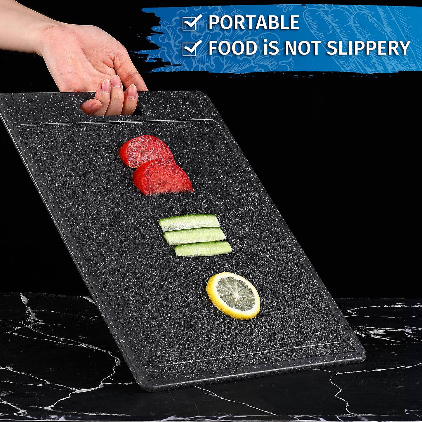 DIFULI Schneidebrett Set 3-teilig Granitoptik, 100% Rutschfeste Aufkleber und Saftkanal, BPA-Free, mit Griff Schneidebretter Kunststoff Antibakteriell, Küchenzubehör, Küchen Gadgets, Küchenhelfer