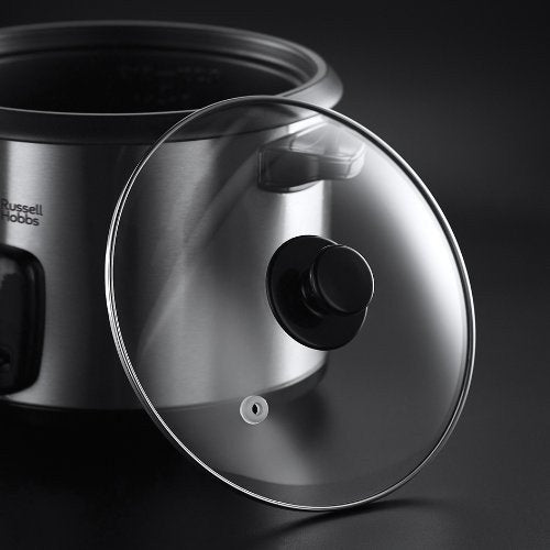 Russell Hobbs Reiskocher [1,8l] inkl. Dampfgarer -Einsatz (Warmhaltefunktion, antihaftbeschichteter Gartopf, Reislöffel & Messbecher, Edelstahl, Glas-Deckel, Schongarer für Gemüse & Fisch etc)19750-56