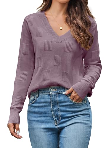 Women’s V-Neck Knit Sweater – Long Sleeve Casual Elegant Pullover