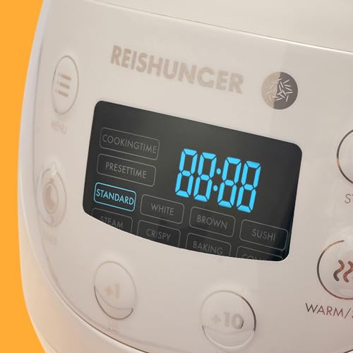 REISHUNGER Digitaler Reiskocher klein, schwarz | 0,6 L bis 3 Personen | Warmhaltefunktion, Timer & Premium Topf | Kleiner Multikocher & Dampfgarer, 8 Programme, 7-Phasen-Technologie