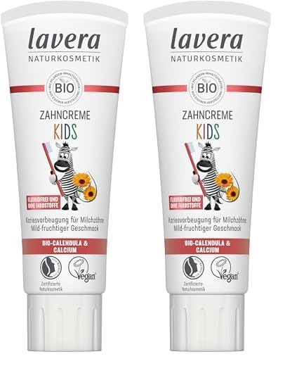 lavera Zahncreme Kids FLUORIDFREI - ohne Farbstoffe - schützt Milchzähne - mild-fruchtig - Bio Calendula & Calcium - Vegan - 75 ml