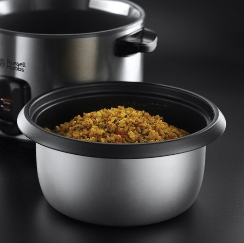 Russell Hobbs Reiskocher [1,8l] inkl. Dampfgarer -Einsatz (Warmhaltefunktion, antihaftbeschichteter Gartopf, Reislöffel & Messbecher, Edelstahl, Glas-Deckel, Schongarer für Gemüse & Fisch etc)19750-56
