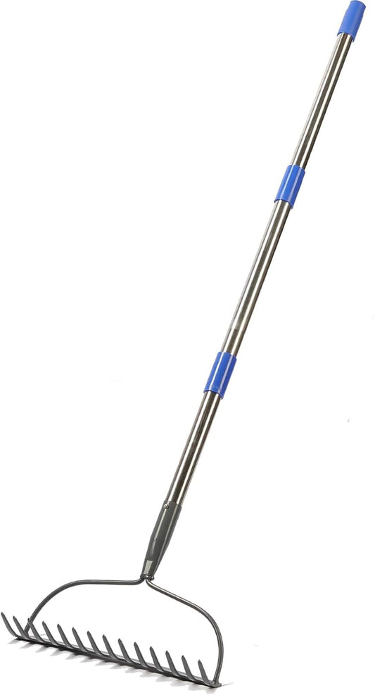 Laubrechen mit 14 Zähnen, Gartenharke aus Metall, Breite Harke mit 152 cm langem Metallstiel, Gartengerät zum Jäten, düngen, Gartenrechen für Rasen und Blätter