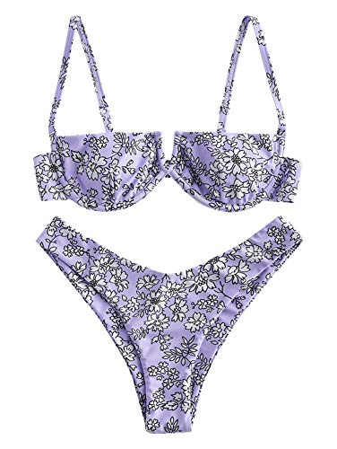 Zaful 2-Piece Bikini Set Floral High Cut Underwire Bikini for Women