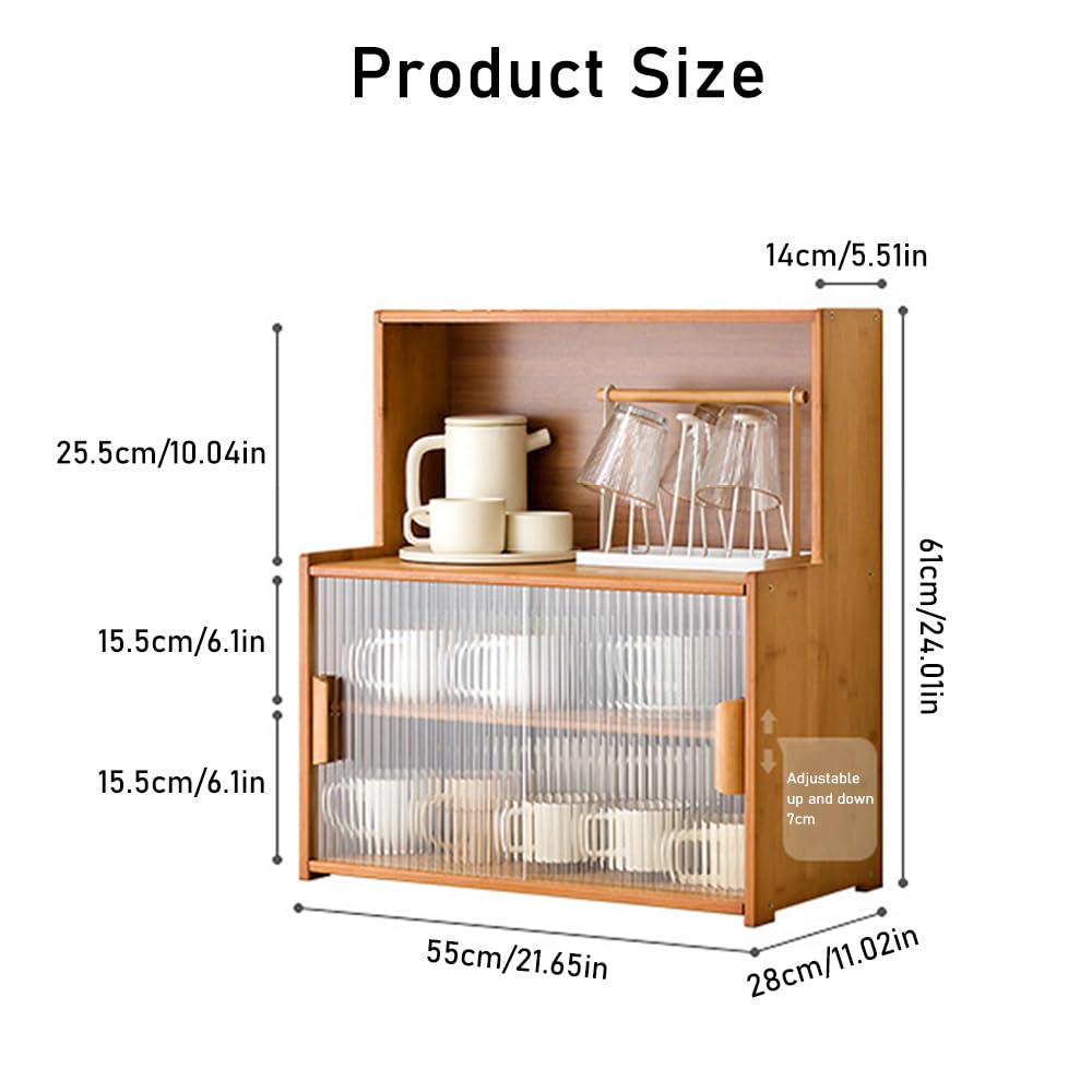 SINBINTA Bambus-Küchen-Sideboard, Küchenschrank mit 2 Glasschiebetüren, freistehender Essschrank, Aufbewahrungsschrank für Flaschen, Schalen, 67 cm lang