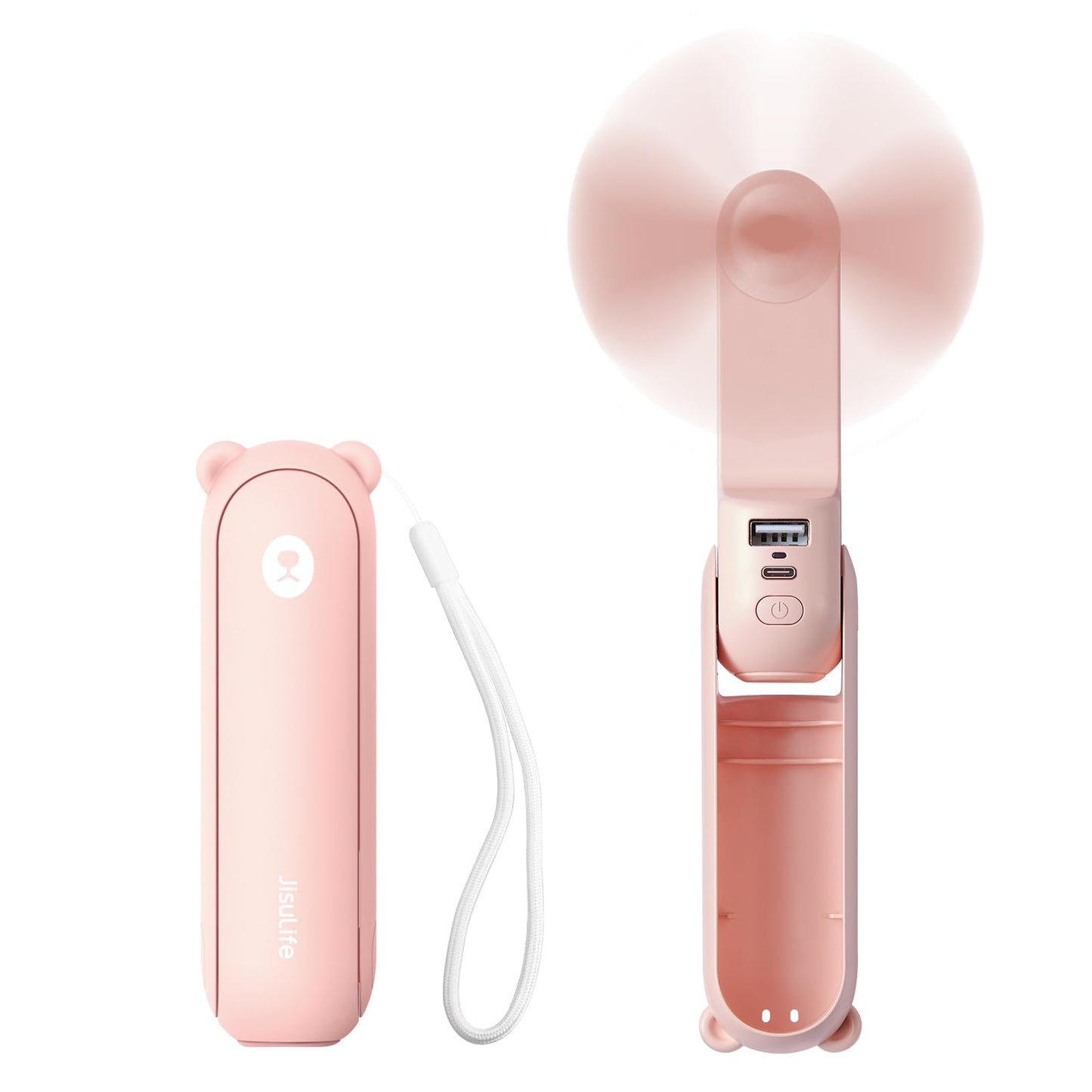 JISULIFE Mini Handventilator, 3-in-1 Handventilator, wiederaufladbarer USB [12–19 Betriebsstunden] mit Powerbank, Taschenlampe, tragbarer Ventilator für Reisen/Sommer, Geschenke für Frauen-Rosa