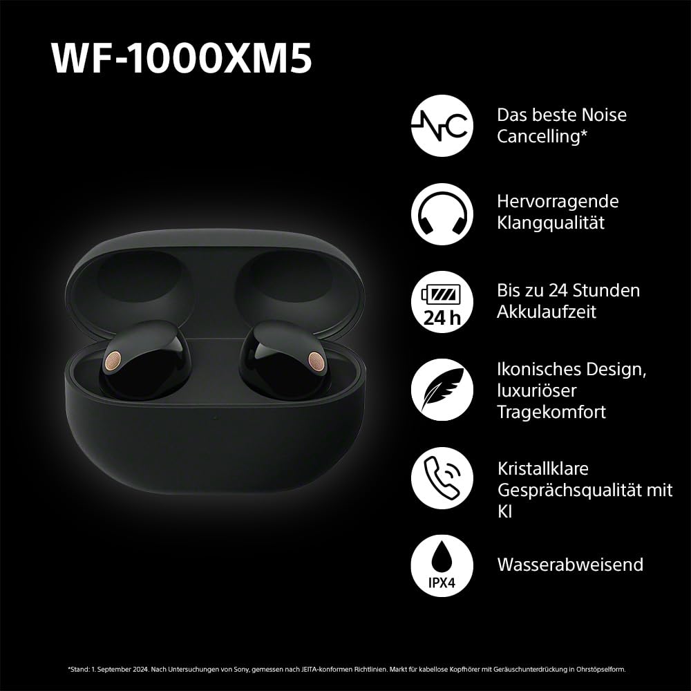 Sony WF-1000XM5 Wireless Noise Canceling Headphones, Bluetooth, In-Ear Headphones, Microphone, Up to 24 Hours Battery Life, Quick Charge, IPX4, iOS &amp; Android Compatible - Black, Small 