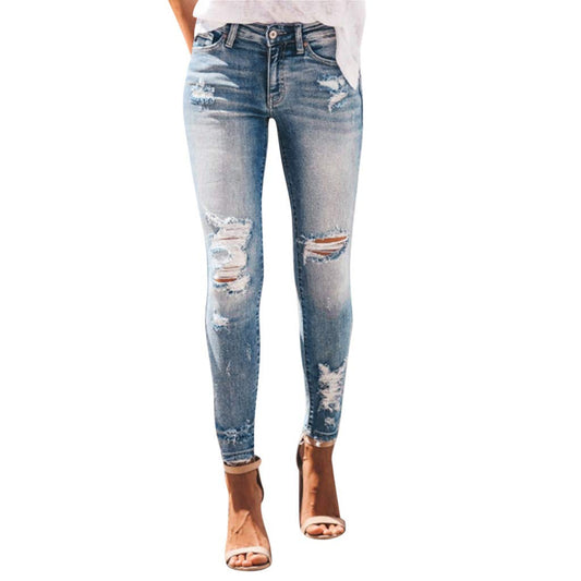 KKPW Women’s Stretch Jeans Slim Ripped High-Waist Skinny Pants with Visible Button Fly