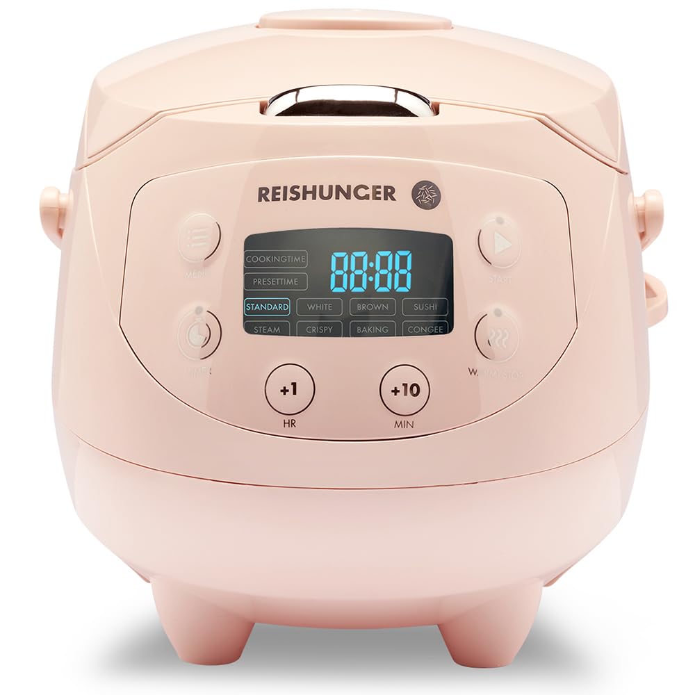 REISHUNGER Digitaler Reiskocher klein, schwarz | 0,6 L bis 3 Personen | Warmhaltefunktion, Timer & Premium Topf | Kleiner Multikocher & Dampfgarer, 8 Programme, 7-Phasen-Technologie
