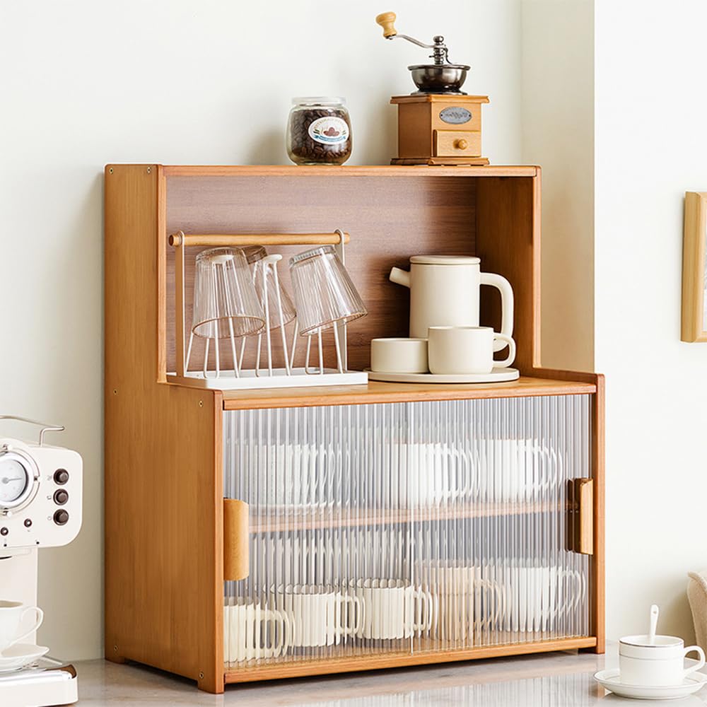 SINBINTA Bambus-Küchen-Sideboard, Küchenschrank mit 2 Glasschiebetüren, freistehender Essschrank, Aufbewahrungsschrank für Flaschen, Schalen, 67 cm lang