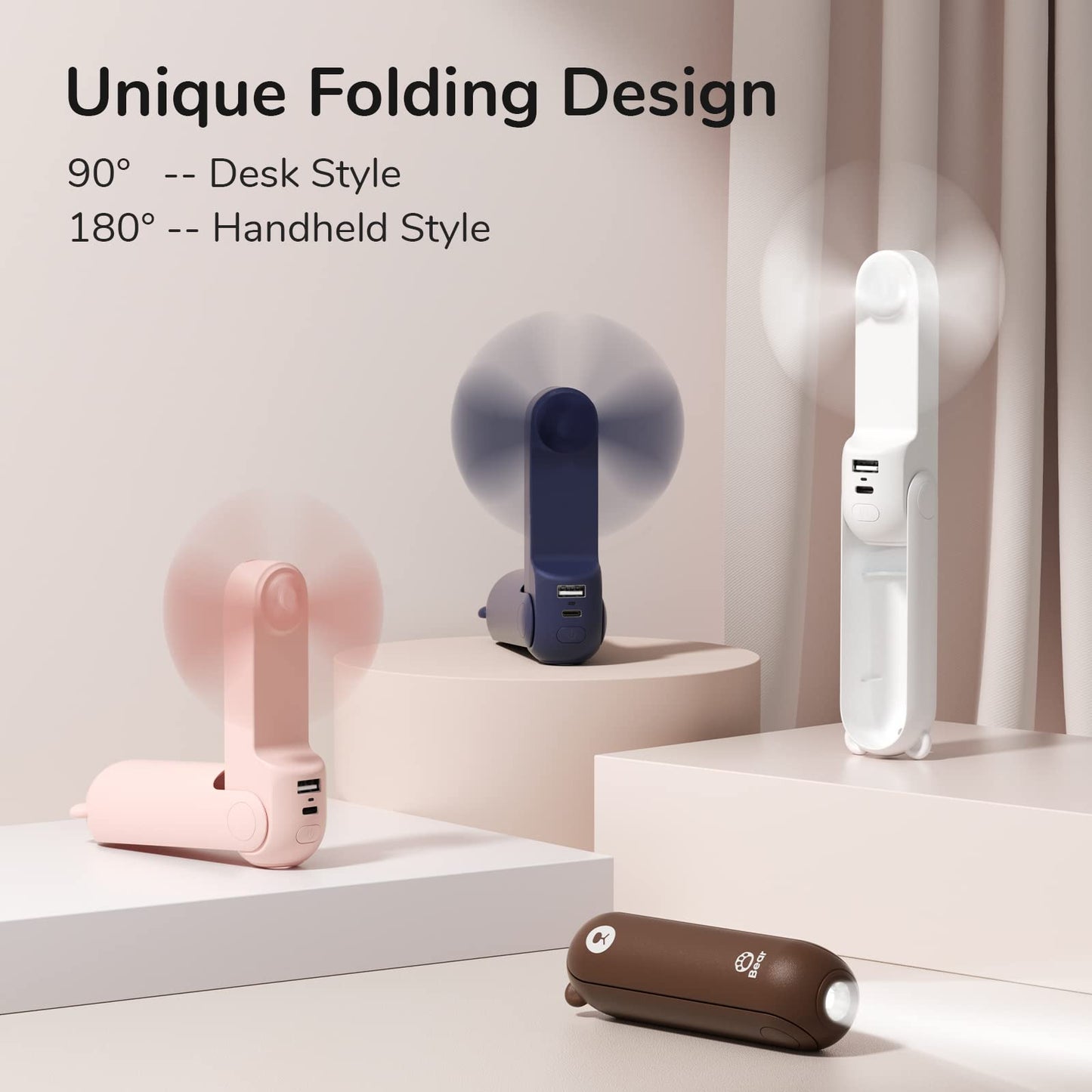 JISULIFE Mini Handventilator, 3-in-1 Handventilator, wiederaufladbarer USB [12–19 Betriebsstunden] mit Powerbank, Taschenlampe, tragbarer Ventilator für Reisen/Sommer, Geschenke für Frauen-Rosa