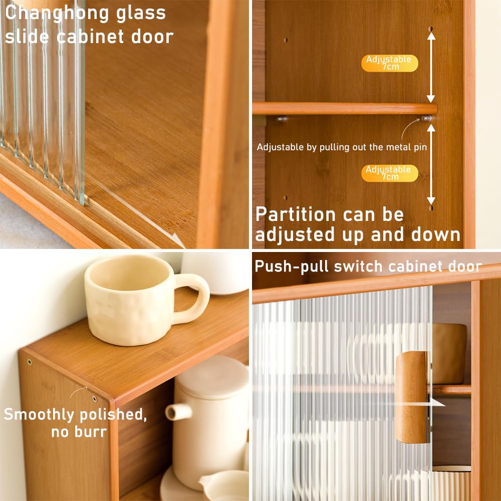 SINBINTA Bambus-Küchen-Sideboard, Küchenschrank mit 2 Glasschiebetüren, freistehender Essschrank, Aufbewahrungsschrank für Flaschen, Schalen, 67 cm lang
