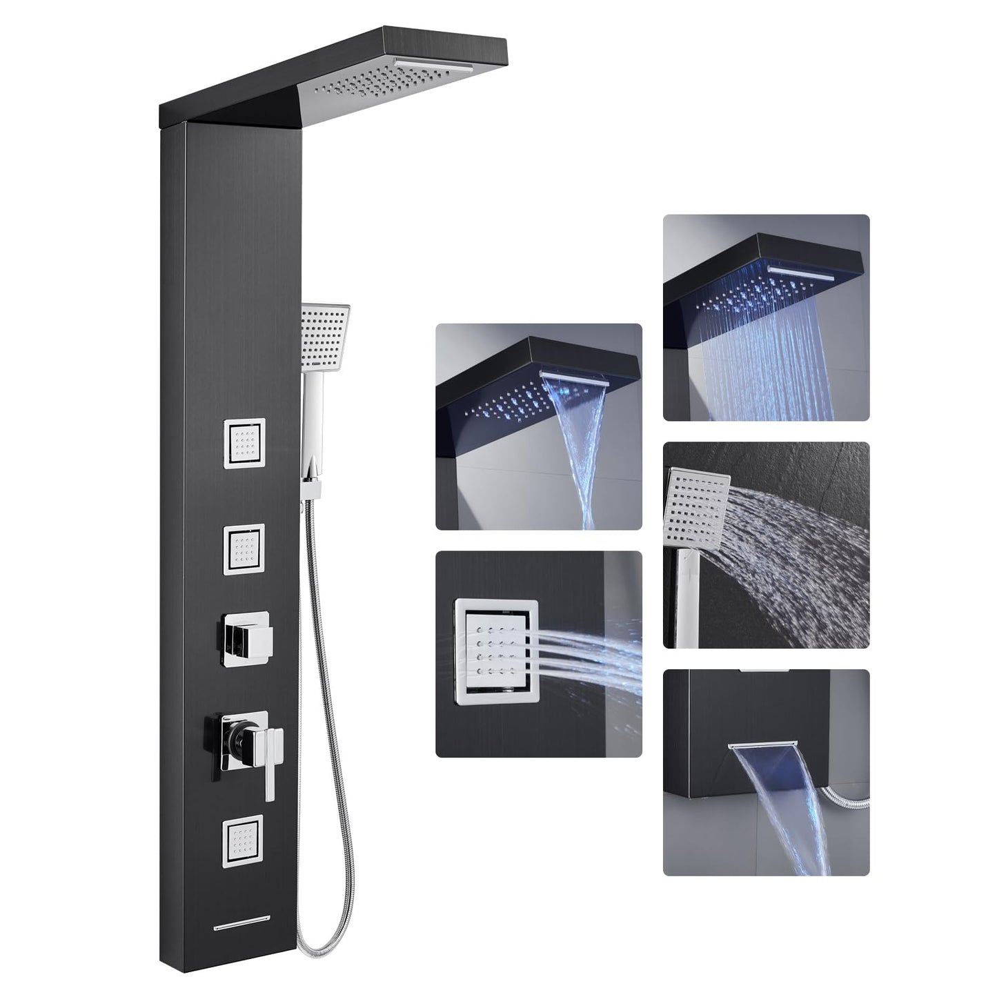 LED Duschpaneel mit Thermostat, OUGOO 6 Funktionen Duschpaneel mit Armatur, Regendusche, Wasserfalldusche, 2-Typ-Massagedüsen, Handbrause und Badewanneneinlauf, 304 Edelstahl, Schwarz