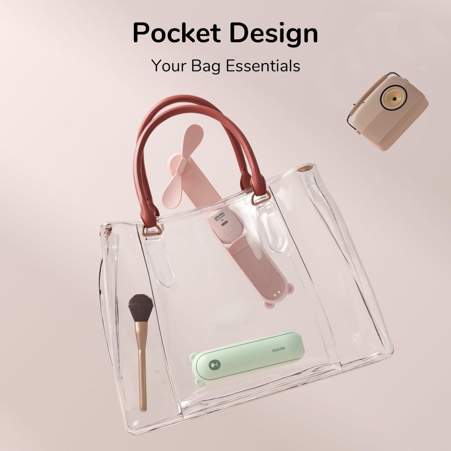 JISULIFE Mini Handventilator, 3-in-1 Handventilator, wiederaufladbarer USB [12–19 Betriebsstunden] mit Powerbank, Taschenlampe, tragbarer Ventilator für Reisen/Sommer, Geschenke für Frauen-Rosa