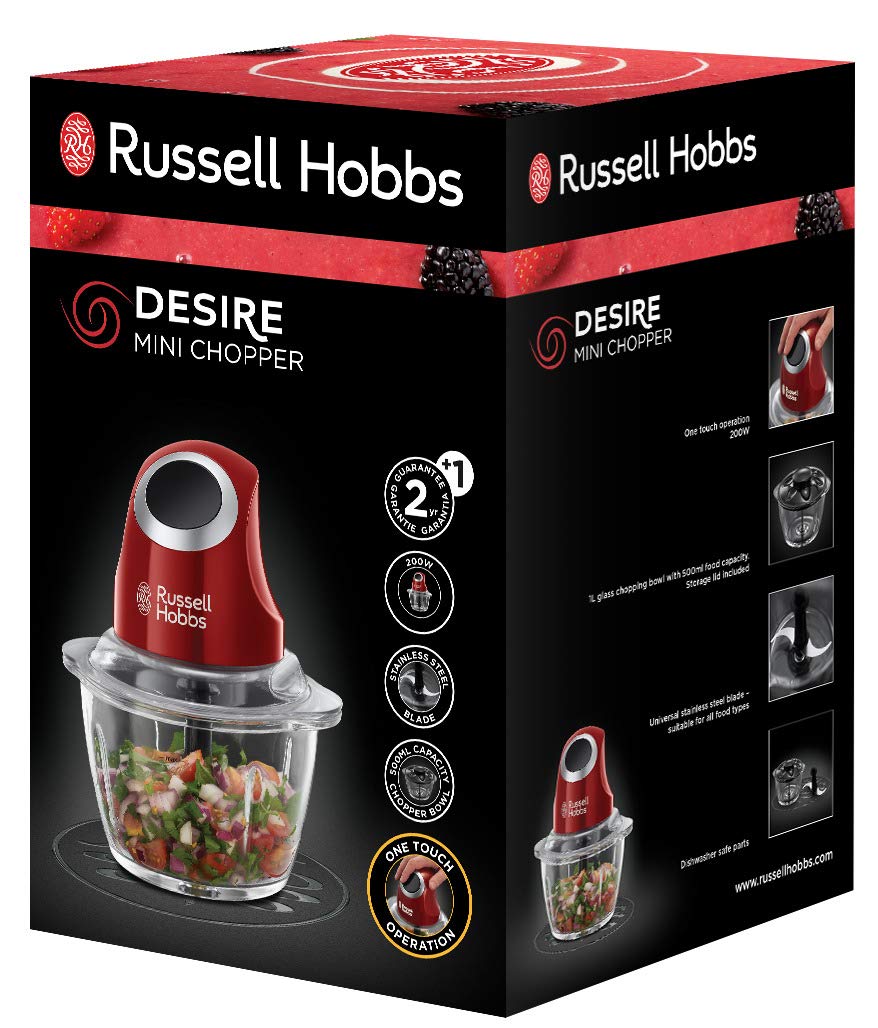 Russell Hobbs Zerkleinerer elektrisch Mini [Glasbehälter inkl. Aufbewahrungsdeckel] Desire Rot (500ml, Gemüsezerkleinerer, Mixer, Multi-& Universalzerkleinerer f. Gemüse, Obst & Fleisch) 24660-56