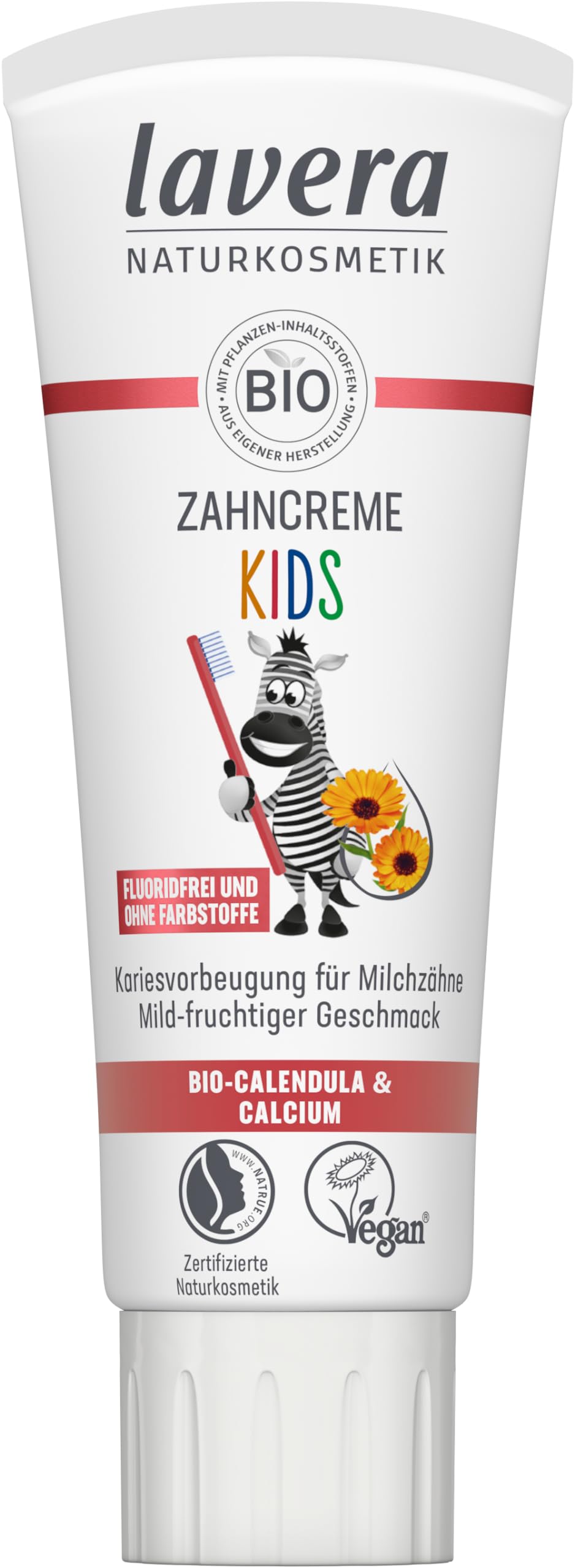 lavera Zahncreme Kids FLUORIDFREI - ohne Farbstoffe - schützt Milchzähne - mild-fruchtig - Bio Calendula & Calcium - Vegan - 75 ml