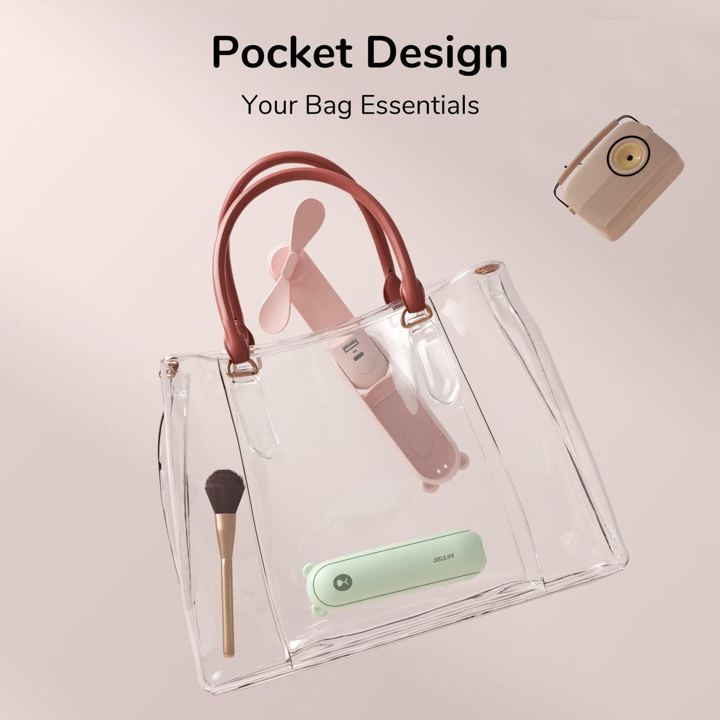 JISULIFE Mini Handventilator, 3-in-1 Handventilator, wiederaufladbarer USB [12–19 Betriebsstunden] mit Powerbank, Taschenlampe, tragbarer Ventilator für Reisen/Sommer, Geschenke für Frauen-Rosa