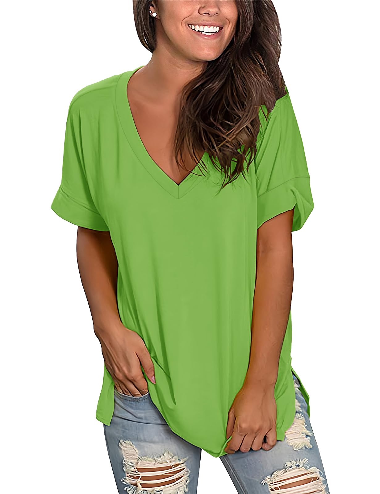 Women’s V-Neck Cotton T-Shirt – Short Sleeve Loose Fit Summer Tee
